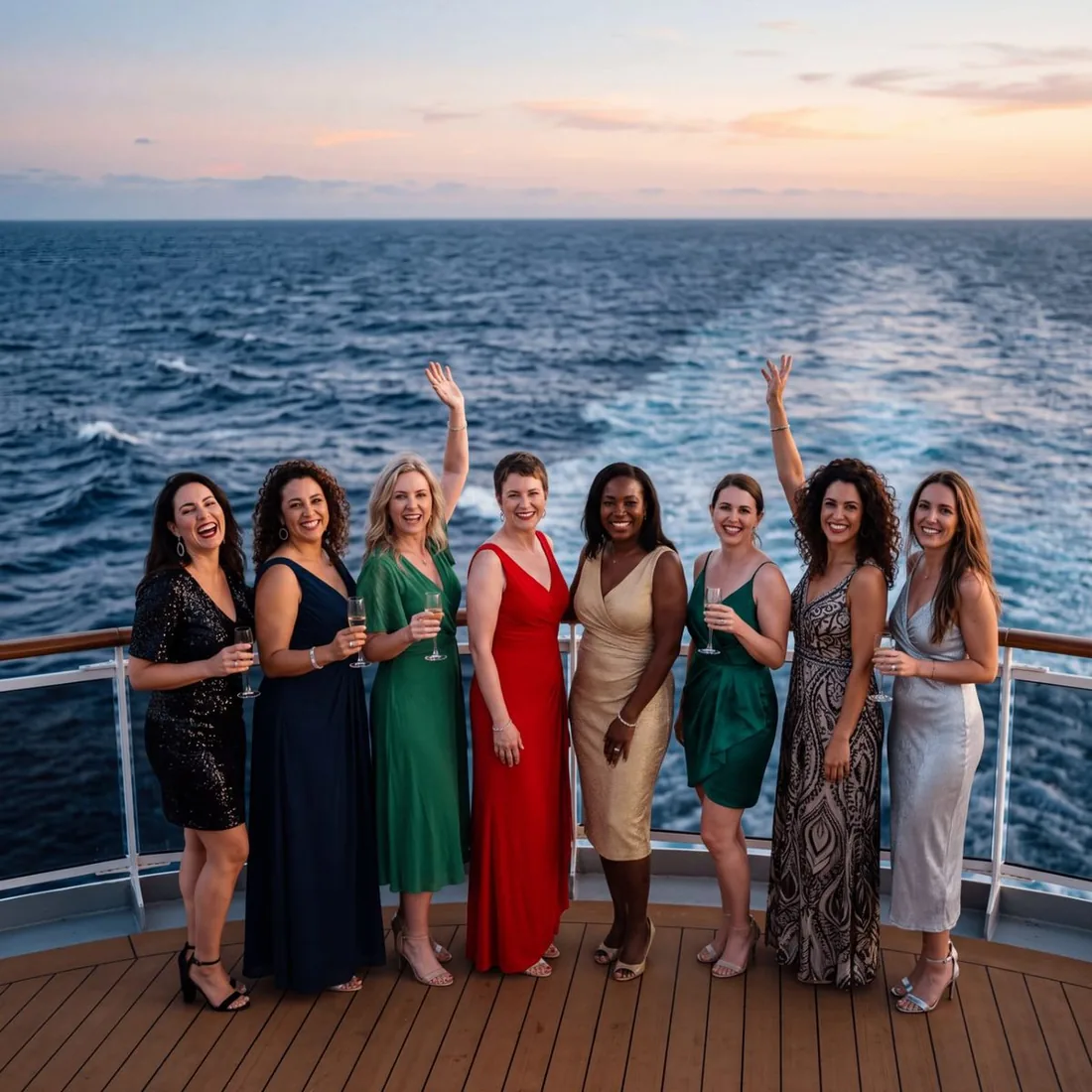 Mulheres líderes reunidas no convés de um cruzeiro ao entardecer